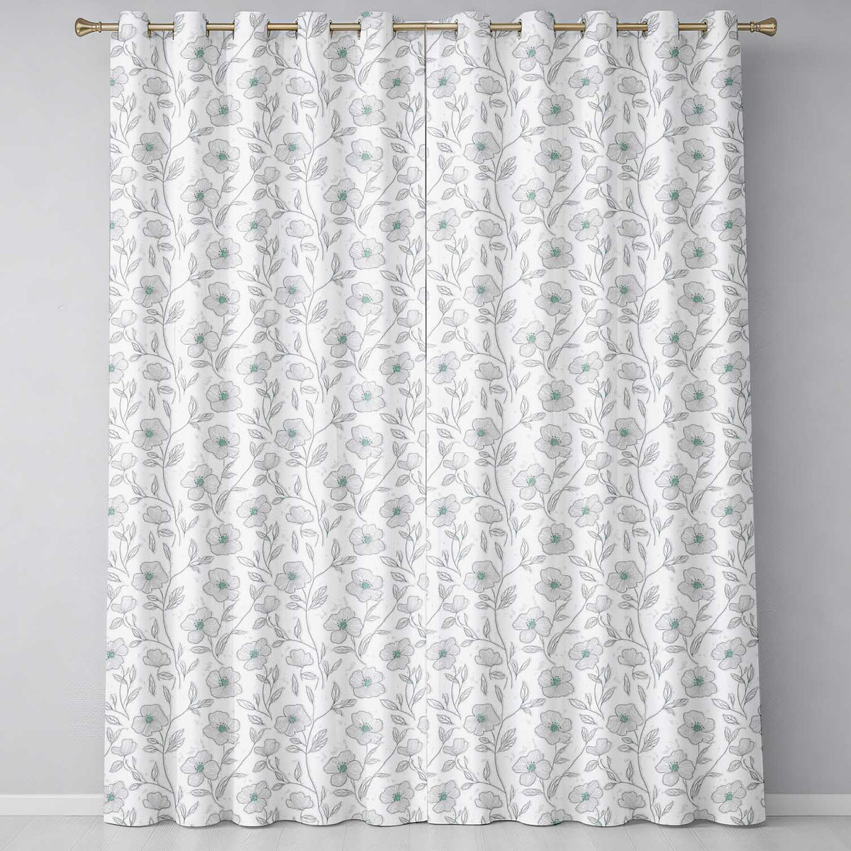 Delicate Neutral Floral Line Art Pattern with Soft Green Flowers Seamless Readymade Eyelet Ring Top Thermal 100% Blackout Curtains
