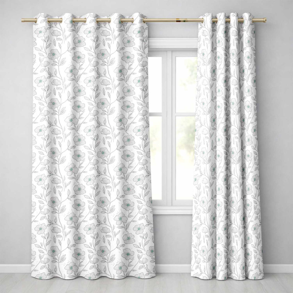 Delicate Neutral Floral Line Art Pattern with Soft Green Flowers Seamless Readymade Eyelet Ring Top Thermal 100% Blackout Curtains