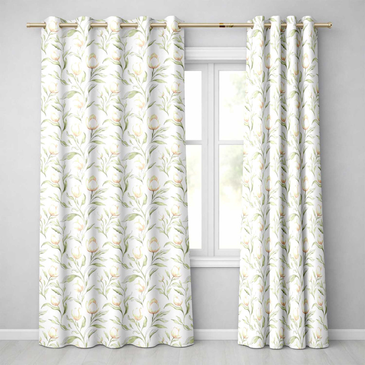 Elegant White Blossom Floral Pattern with Soft Green Leaves Seamless Botanical Readymade Eyelet Ring Top Thermal 100% Blackout Curtains