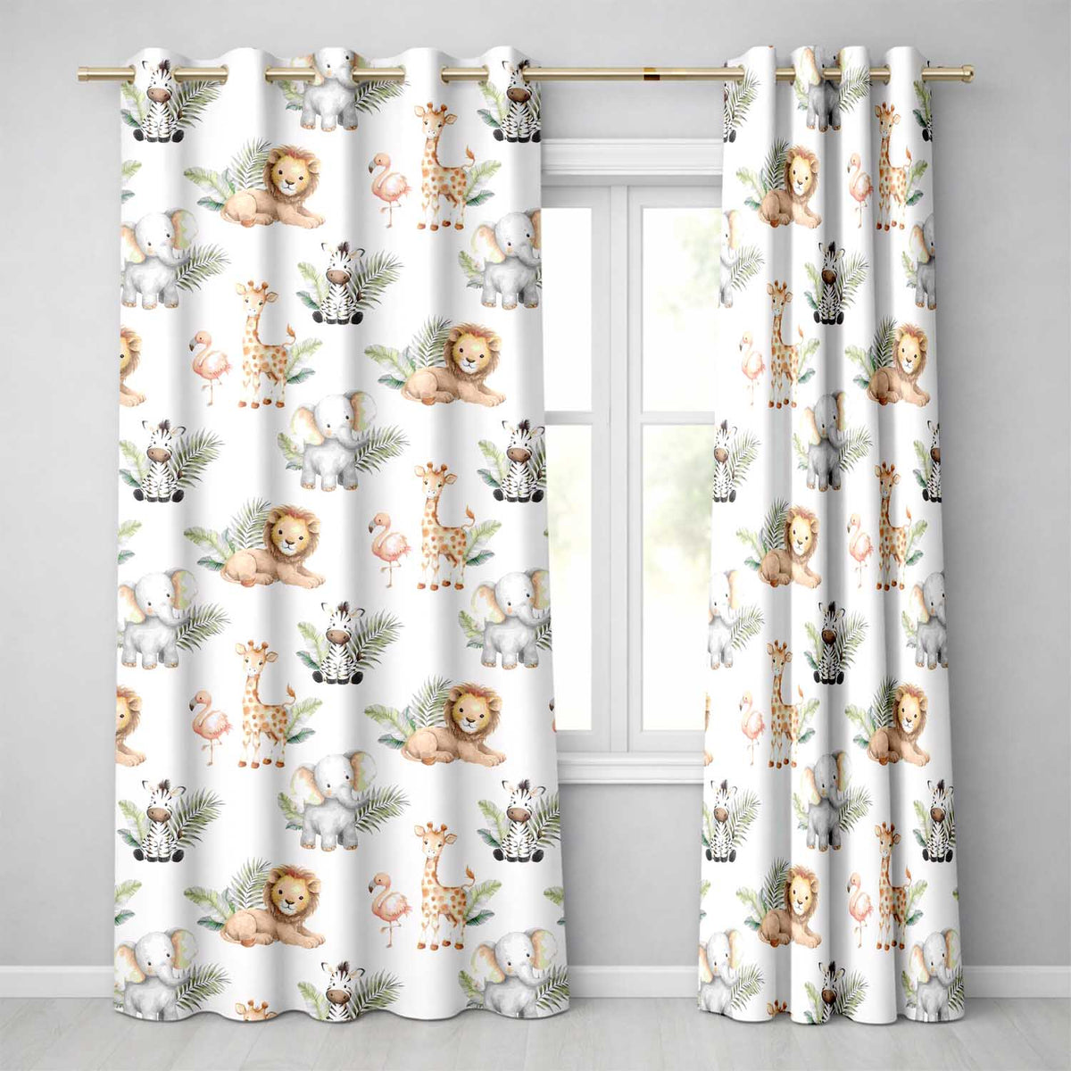 Cute Safari Jungle Animals Lion Elephant Giraffe Zebra Pattern Seamless Design Readymade Eyelet Ring Top Thermal 100% Blackout Curtains