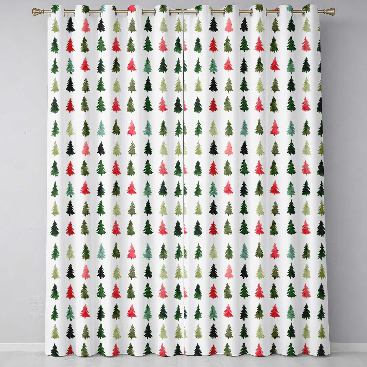 Watercolor Christmas Tree Pattern in Red and Green Festive Seamless Design Readymade Eyelet Ring Top Thermal 100% Blackout Curtains