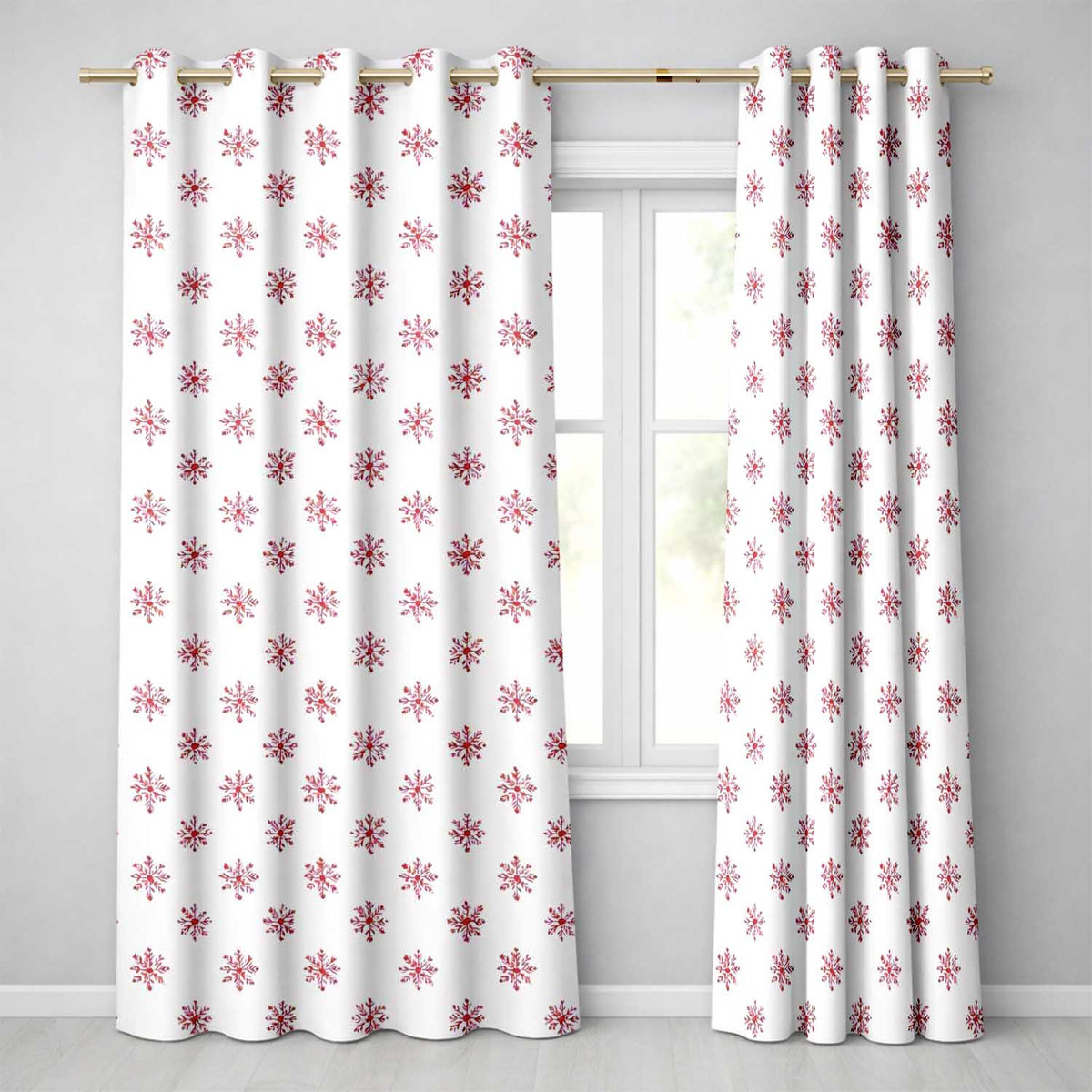 Minimal Red Snowflake Watercolor Christmas Seamless Pattern on Soft Background Readymade Eyelet Ring Top Thermal 100% Blackout Curtains