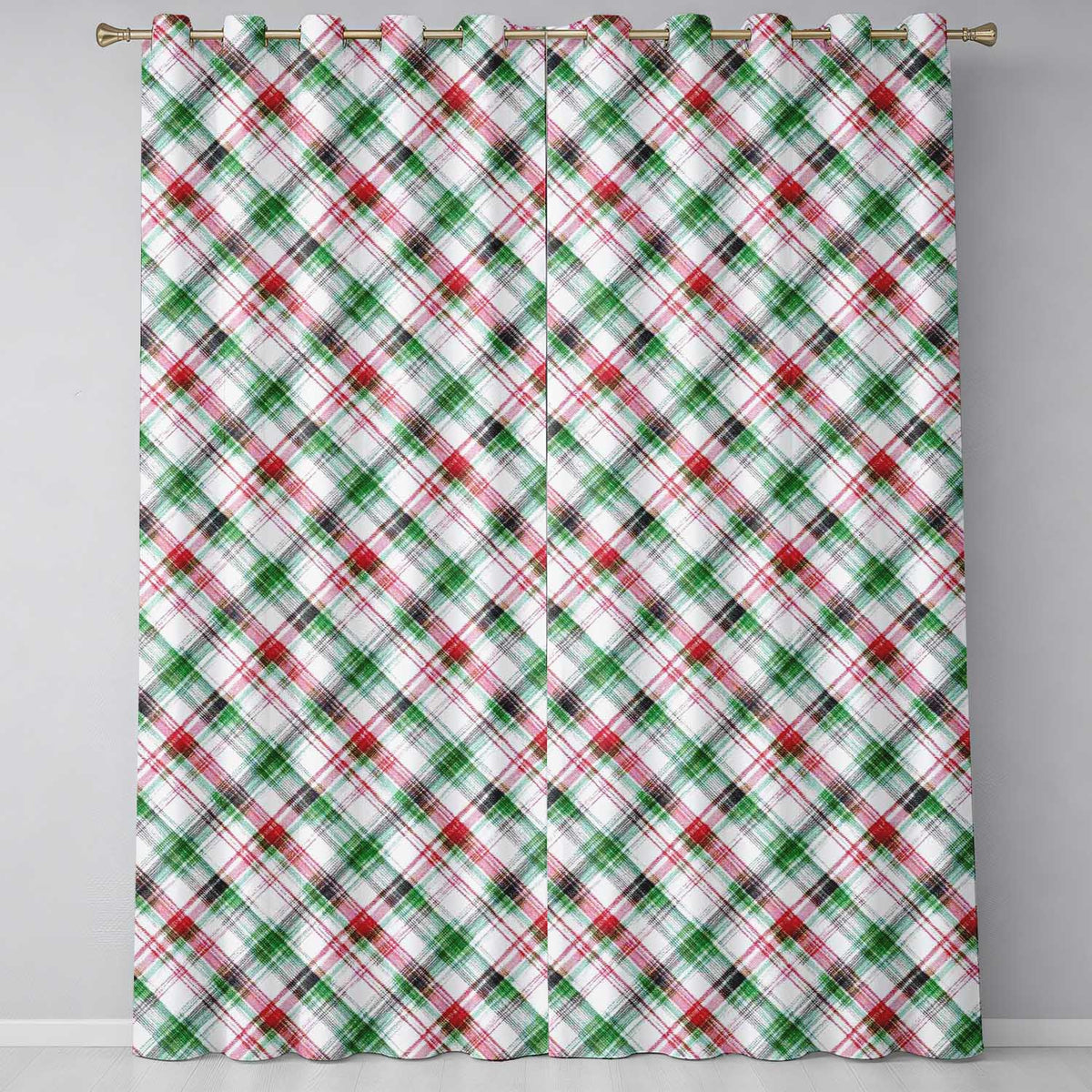 Hand Painted Red Green Stripe Pattern Christmas Design Readymade Eyelet Ring Top Thermal 100% Blackout Curtains
