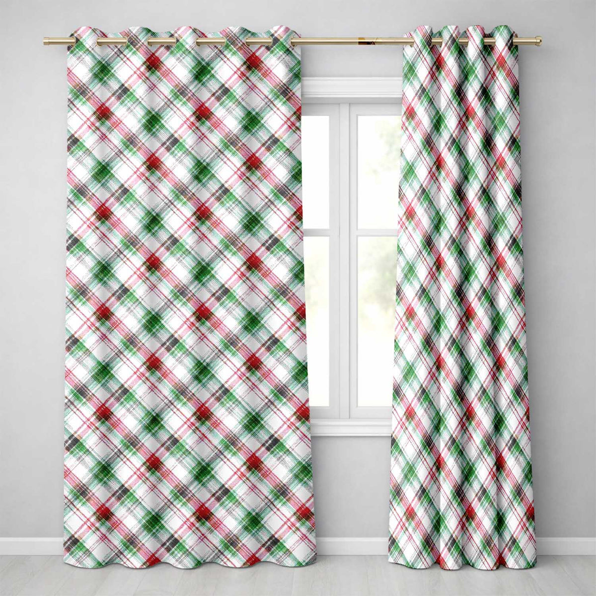 Hand Painted Red Green Stripe Pattern Christmas Design Readymade Eyelet Ring Top Thermal 100% Blackout Curtains