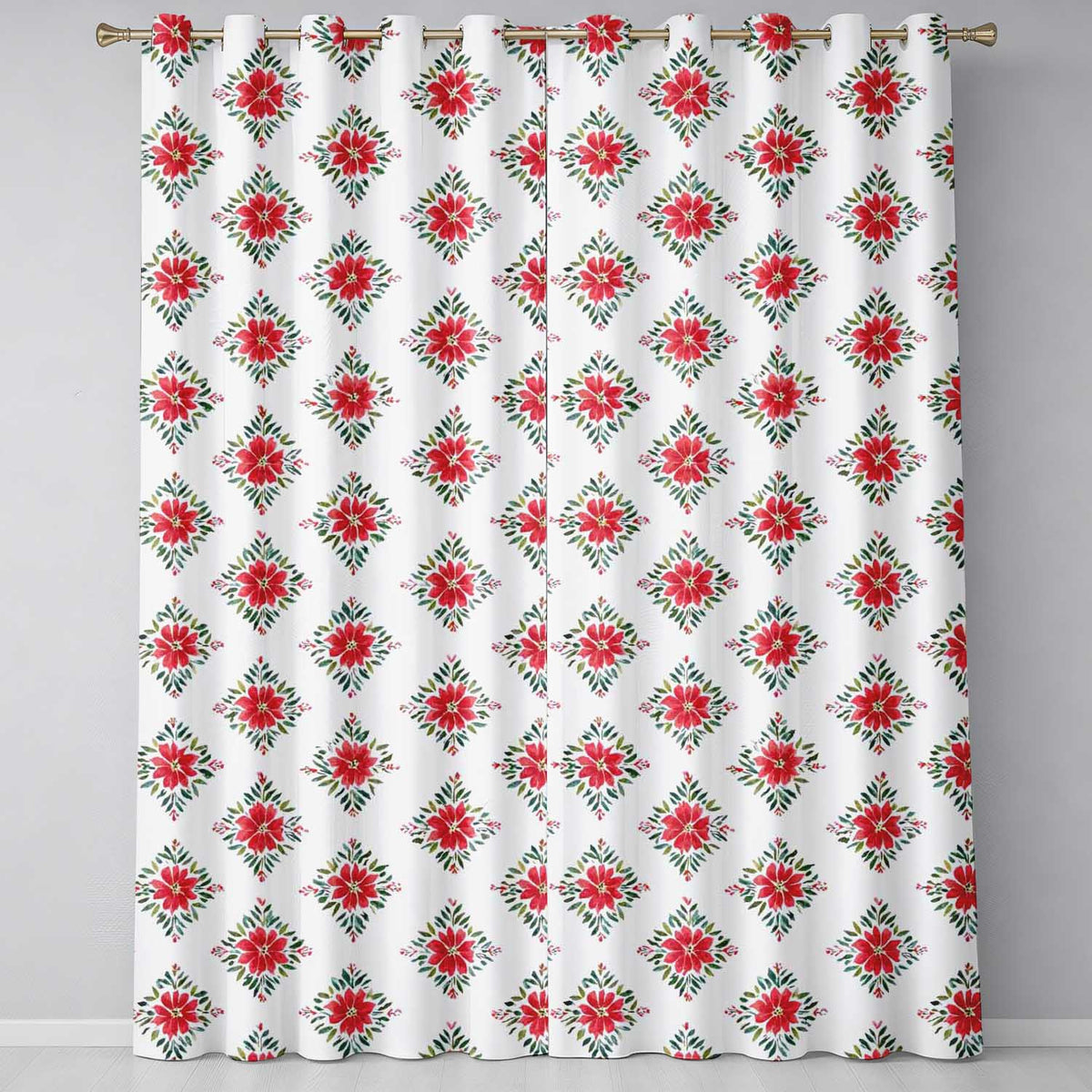 Watercolor Poinsettia Floral Christmas Seamless Pattern with Greenery Accents Readymade Eyelet Ring Top Thermal 100% Blackout Curtains
