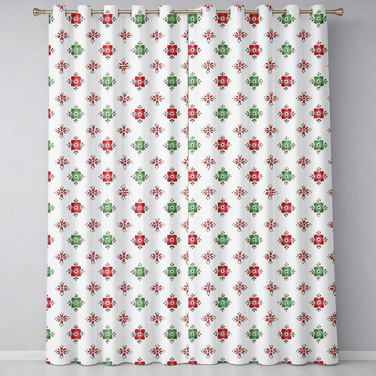 Cute Scandinavian Style Red and Green Floral Pattern Christmas Folk Art Design Readymade Eyelet Ring Top Thermal 100% Blackout Curtains