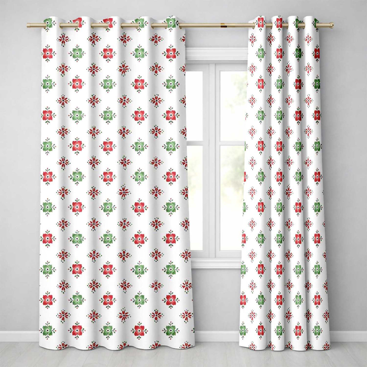 Cute Scandinavian Style Red and Green Floral Pattern Christmas Folk Art Design Readymade Eyelet Ring Top Thermal 100% Blackout Curtains