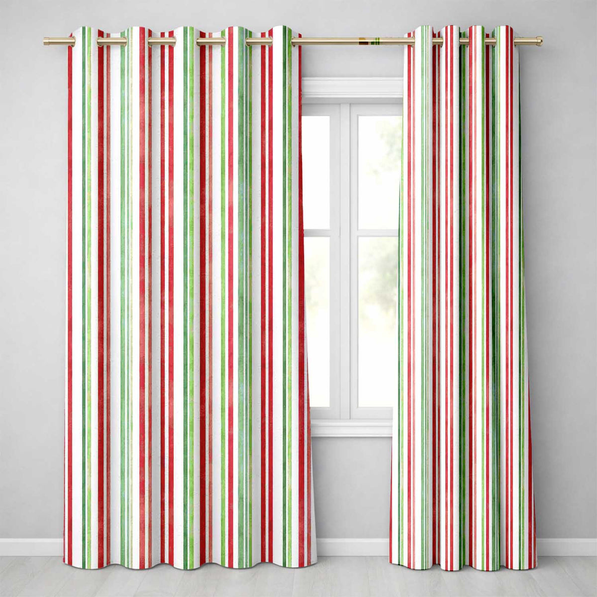 Watercolor Vertical Red and Green Stripe Pattern Classic ChristmasDesign Readymade Eyelet Ring Top Thermal 100% Blackout Curtains