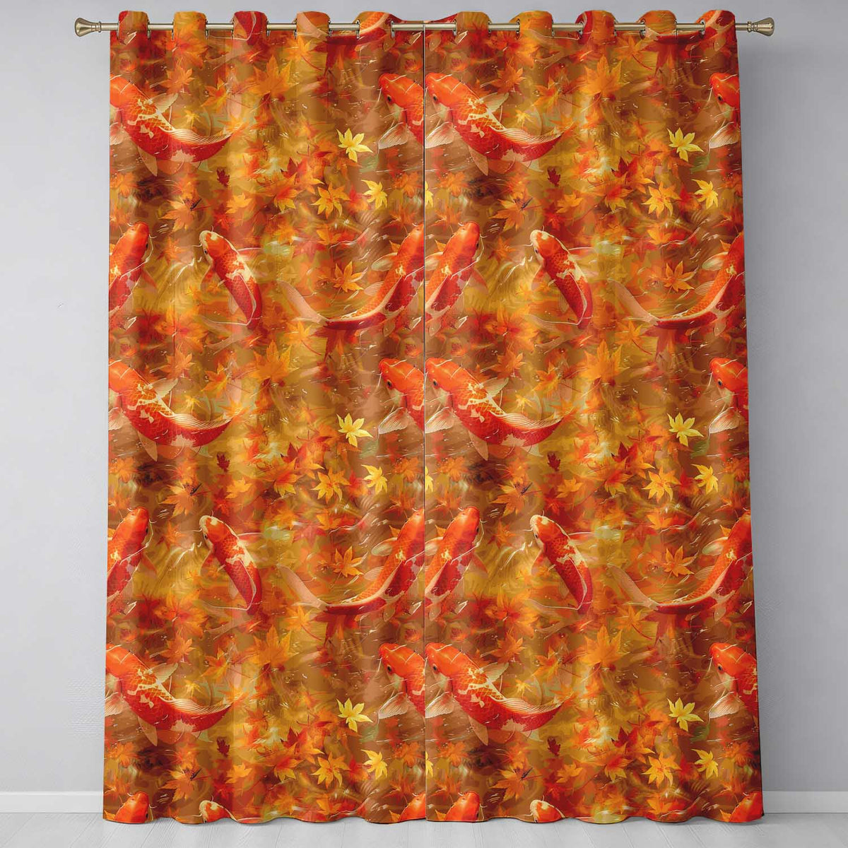 Autumn Koi Fish with Golden Maple Leaves Pattern Warm Watercolor Nature Design Readymade Eyelet Ring Top Thermal 100% Blackout Curtains