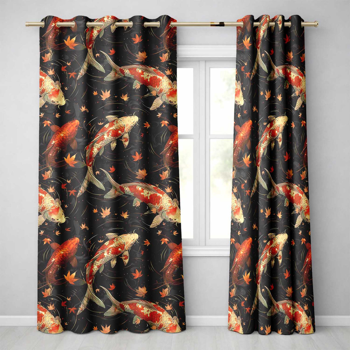 Elegant Koi Fish Swimming on Dark Water with Falling Leaves Japanese Style Readymade Eyelet Ring Top Thermal 100% Blackout Curtains