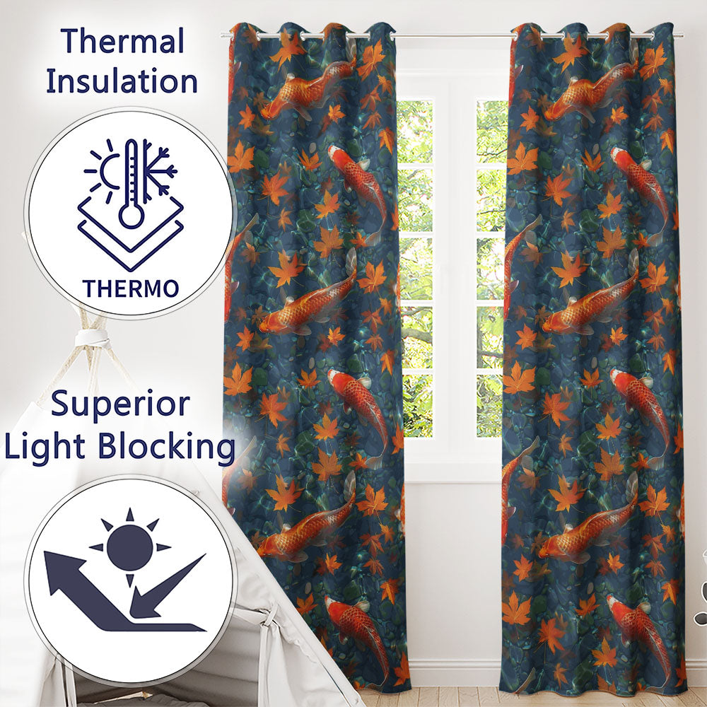 Koi Fish in Clear Blue Water with Autumn Leaves Pattern Nature Inspired Readymade Eyelet Ring Top Thermal 100% Blackout Curtains
