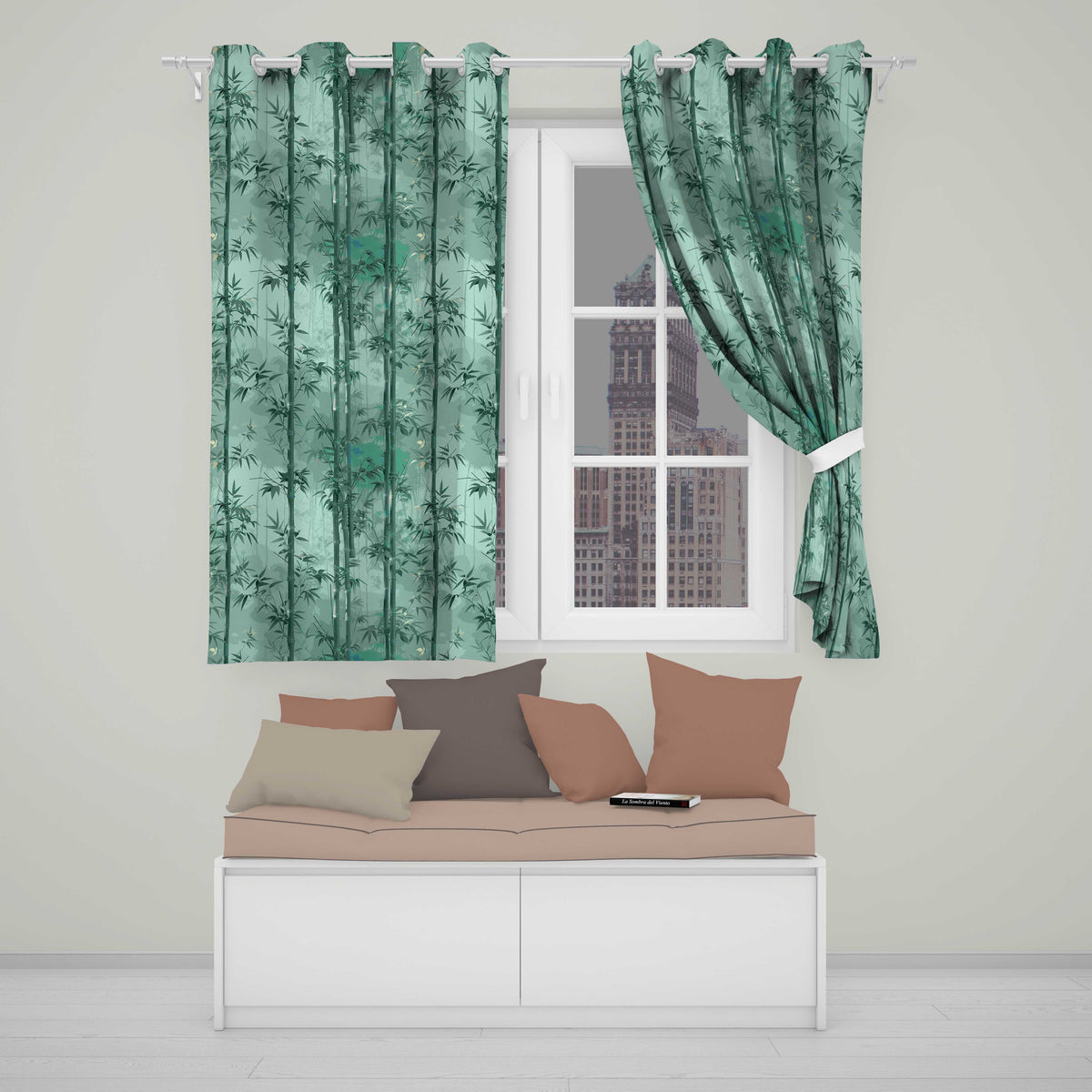 Elegant Bamboo Stalks and Leaves Pattern Calm Green Botanical Background Readymade Eyelet Ring Top Thermal 100% Blackout Curtains