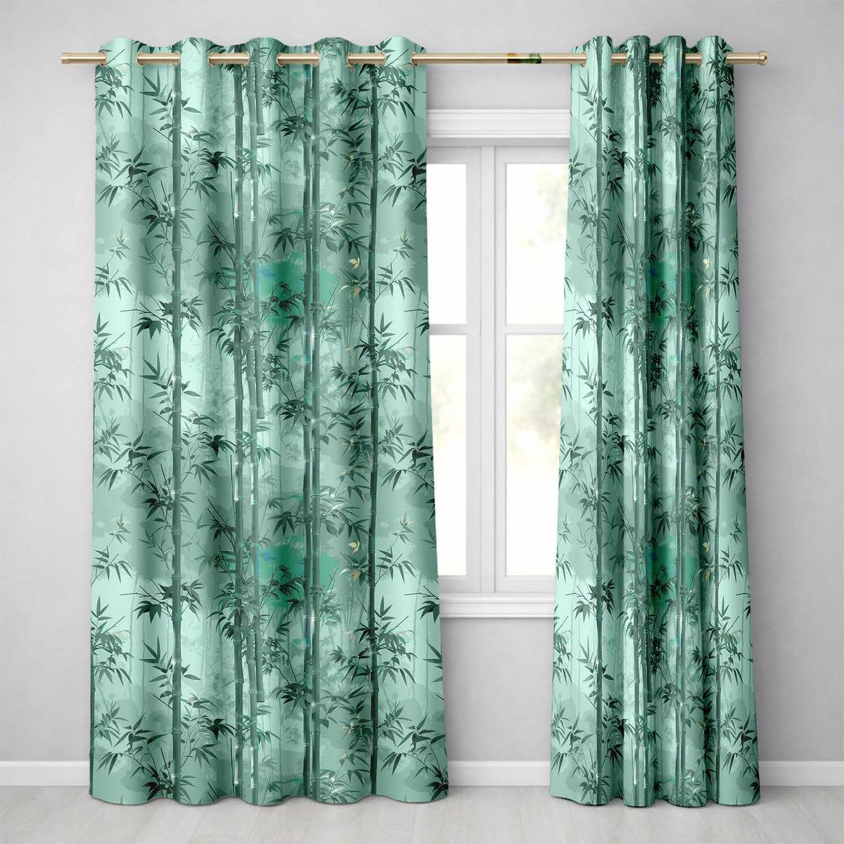 Elegant Bamboo Stalks and Leaves Pattern Calm Green Botanical Background Readymade Eyelet Ring Top Thermal 100% Blackout Curtains