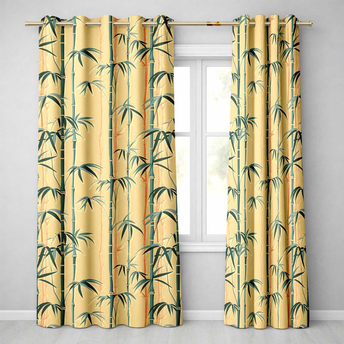 Elegant Bamboo Stalks on Warm Beige Background Asian Botanical Nature Design Readymade Eyelet Ring Top Thermal 100% Blackout Curtains
