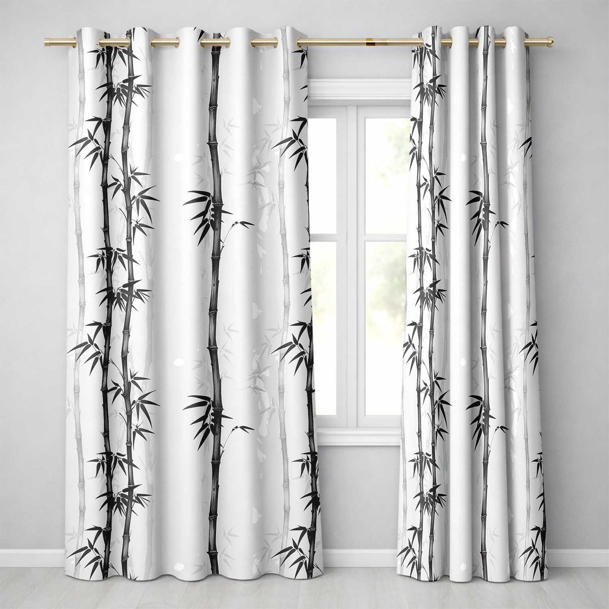 Minimalist Black Bamboo with Soft Mist Background Japanese Ink Style Design Readymade Eyelet Ring Top Thermal 100% Blackout Curtains