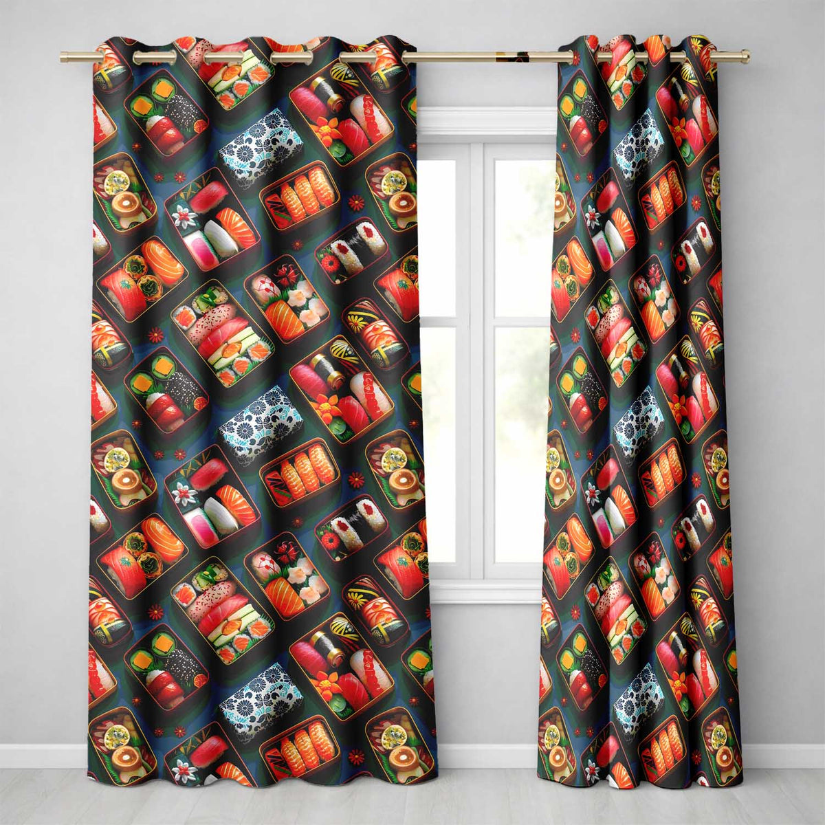 Assorted Sushi Bento Boxes with Fresh Ingredients Pattern Japanese Food Theme Readymade Eyelet Ring Top Thermal 100% Blackout Curtains