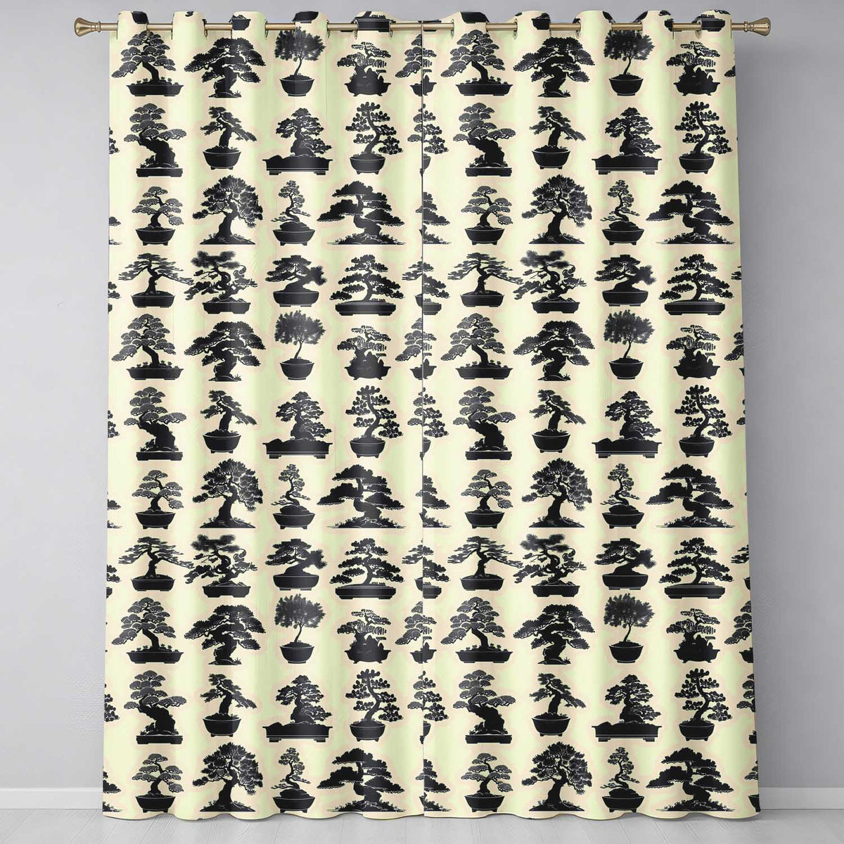 Japanese Bonsai Tree Silhouettes in Pots on Beige Background Readymade Eyelet Ring Top Thermal 100% Blackout Curtains