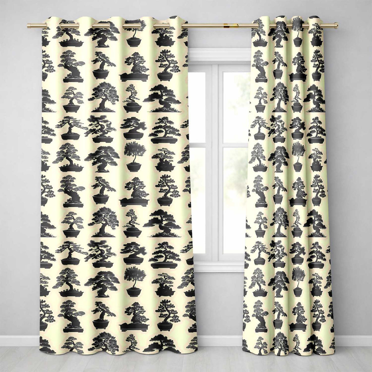 Japanese Bonsai Tree Silhouettes in Pots on Beige Background Readymade Eyelet Ring Top Thermal 100% Blackout Curtains