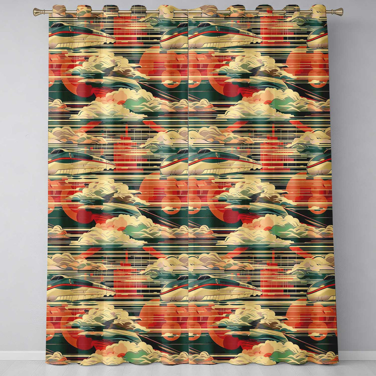 Modern High Speed Train with Rising Sun and Clouds Pattern Japanese TravelTheme Readymade Eyelet Ring Top Thermal 100% Blackout Curtains
