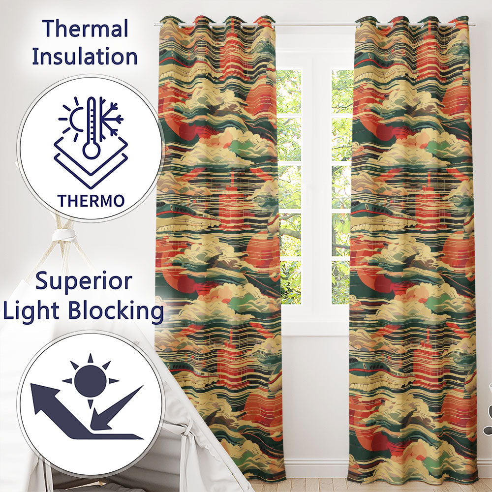 Modern High Speed Train with Rising Sun and Clouds Pattern Japanese TravelTheme Readymade Eyelet Ring Top Thermal 100% Blackout Curtains