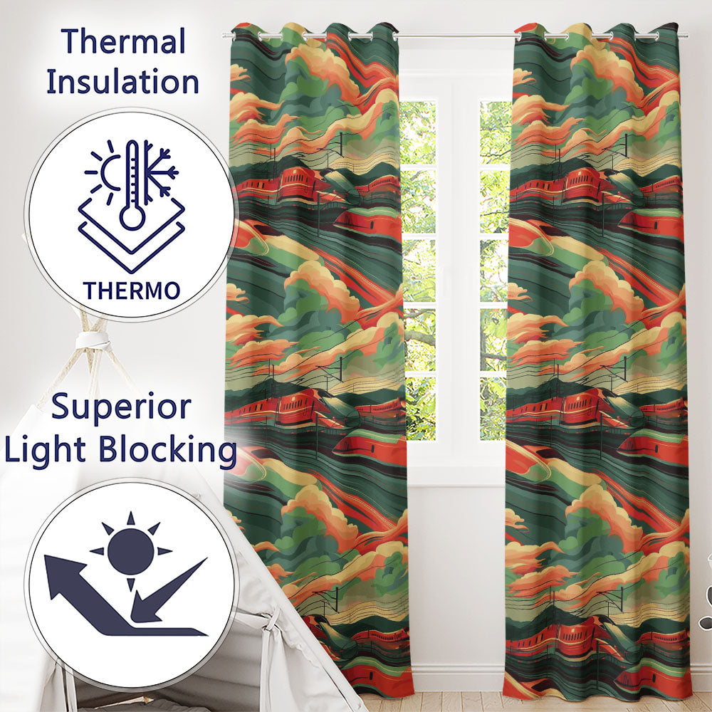 High Speed Train Landscape with Power Lines and Sunset Sky Modern Railway Scene Readymade Eyelet Ring Top Thermal 100% Blackout Curtains