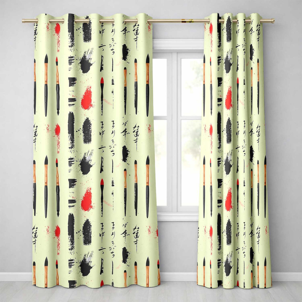 Traditional Japanese Calligraphy Tools and Brush Strokes Layout Readymade Eyelet Ring Top Thermal 100% Blackout Curtains