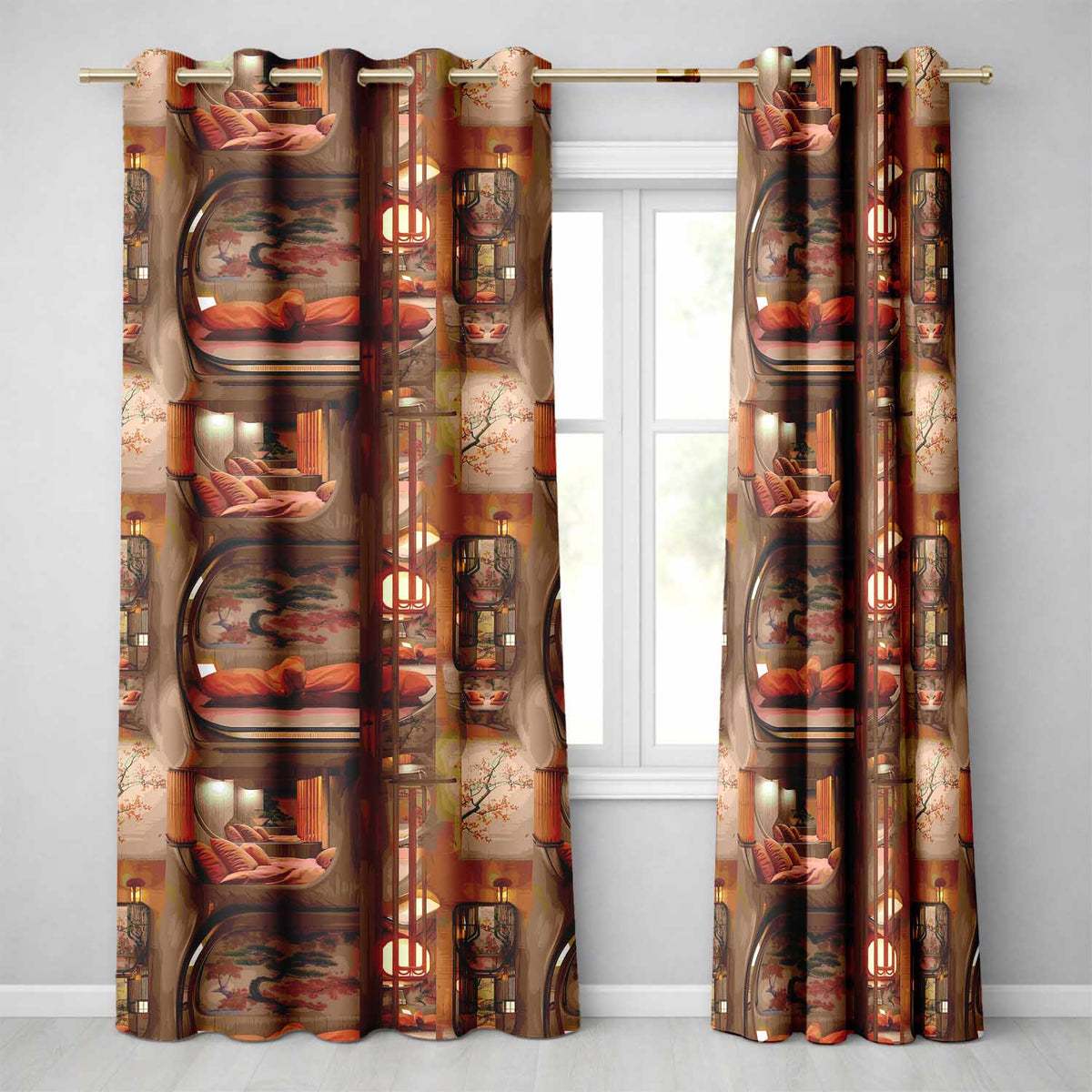 Japanese Capsule Bedroom Interior with Warm Lighting Modern Living Space Readymade Eyelet Ring Top Thermal 100% Blackout Curtains