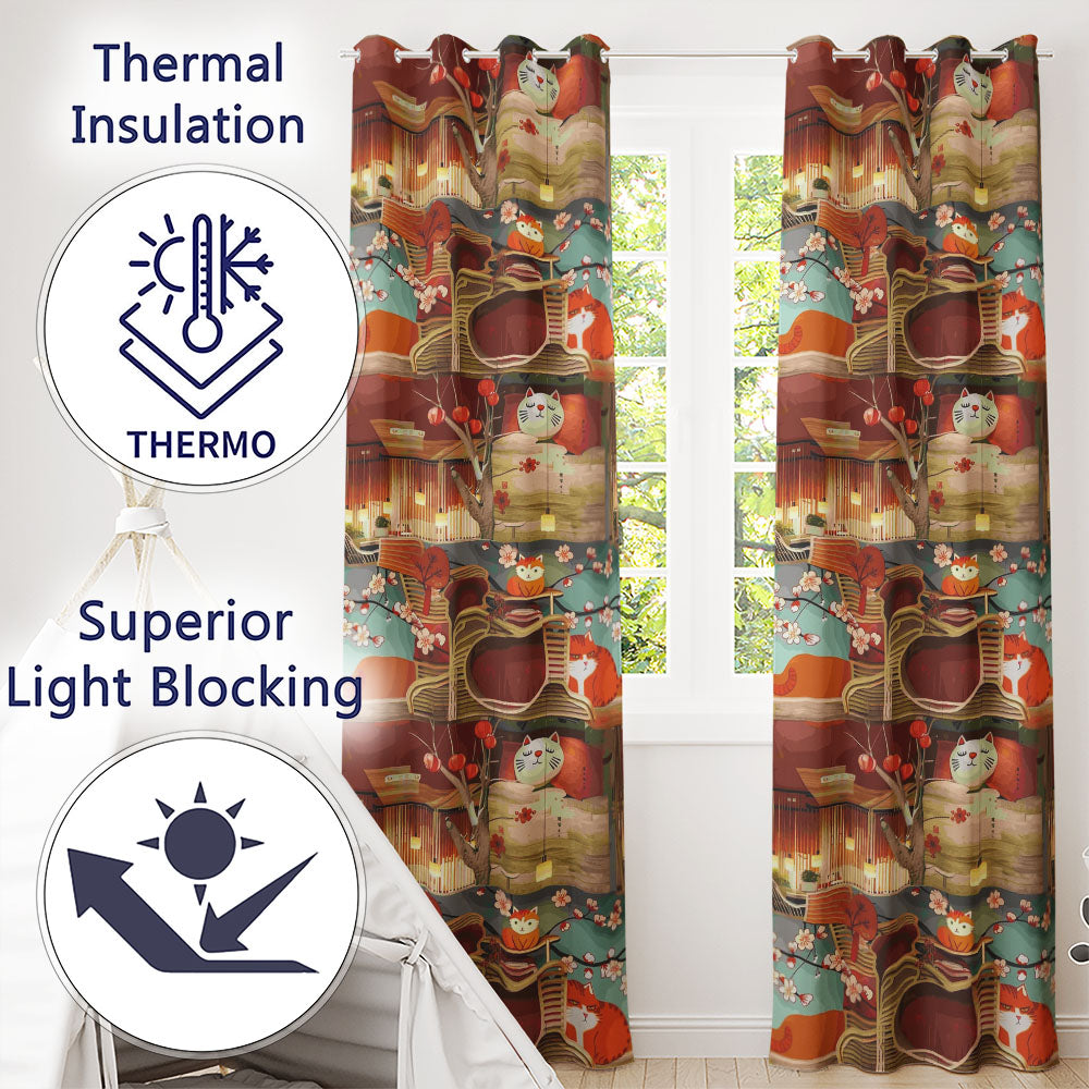 Cute Cartoon Cats with Cherry Blossoms and Lantern Decor Playful Japanese Theme Readymade Eyelet Ring Top Thermal 100% Blackout Curtains