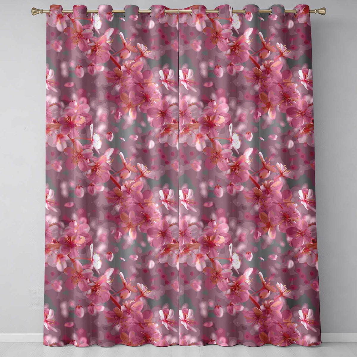 Soft Pink Cherry Blossom Petals Floating in Air Pattern Romantic Floral Design Readymade Eyelet Ring Top Thermal 100% Blackout Curtains
