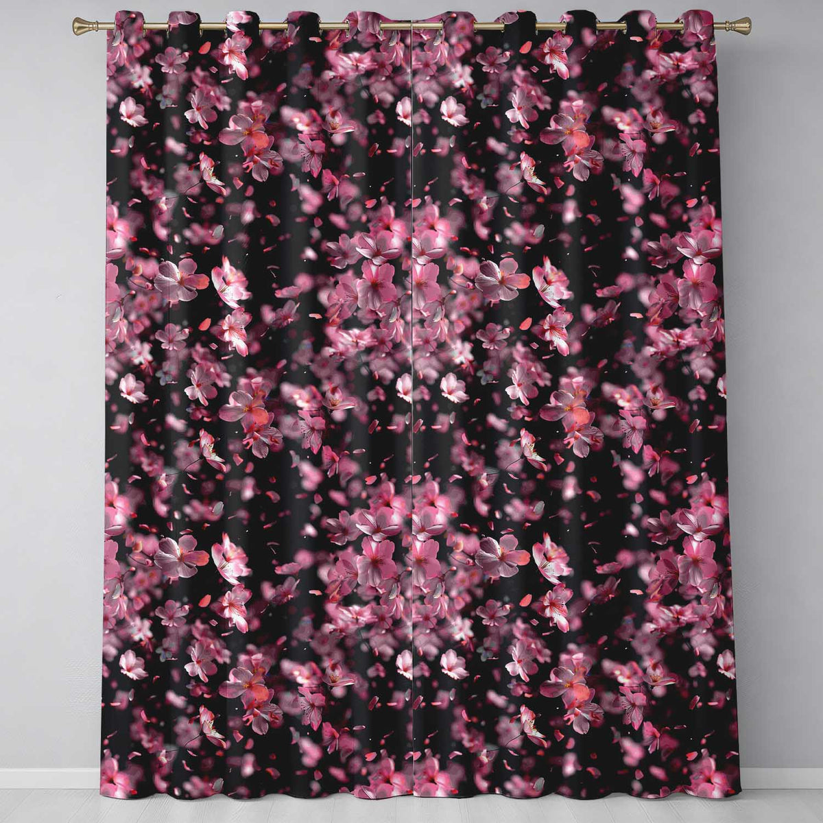 Delicate Sakura Blossoms on Dark Background Pattern Elegant Japanese Floral Readymade Eyelet Ring Top Thermal 100% Blackout Curtains