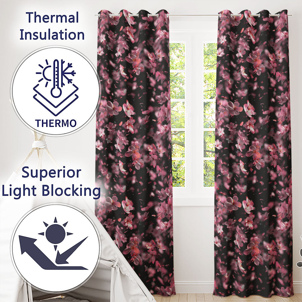 Delicate Sakura Blossoms on Dark Background Pattern Elegant Japanese Floral Readymade Eyelet Ring Top Thermal 100% Blackout Curtains