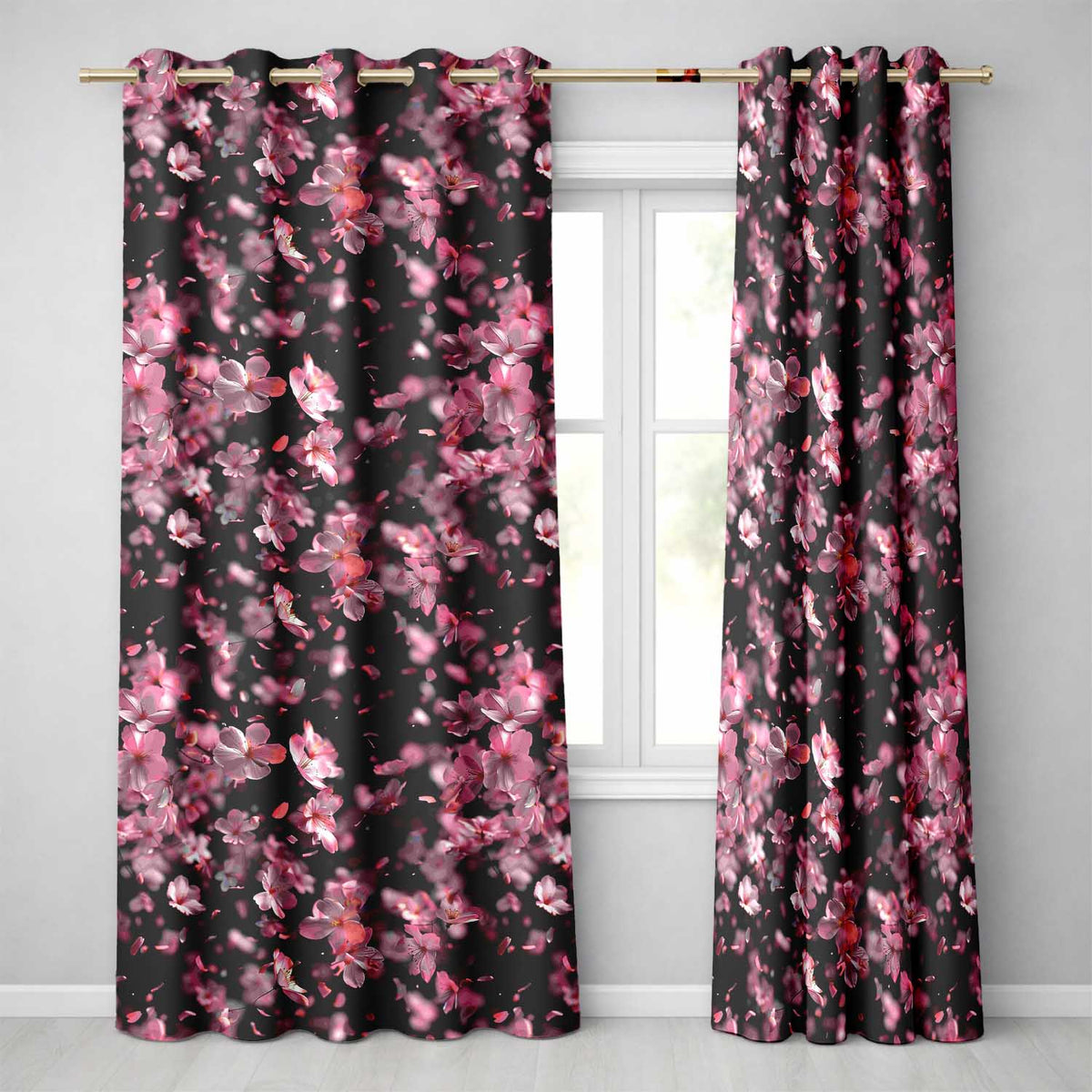 Delicate Sakura Blossoms on Dark Background Pattern Elegant Japanese Floral Readymade Eyelet Ring Top Thermal 100% Blackout Curtains