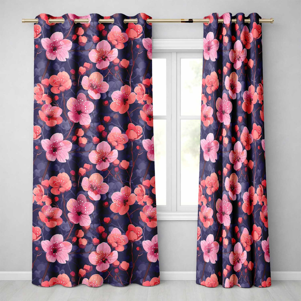 Stylized Cherry Blossom Flowers with Heart Buds Pattern Modern Romantic Floral Readymade Eyelet Ring Top Thermal 100% Blackout Curtains