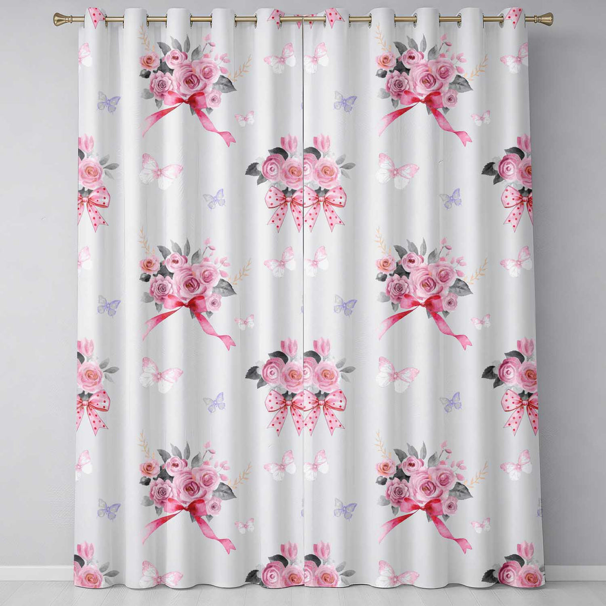 Cute Watercolor Roses Bouquet with Red Ribbon Grey Background Readymade Eyelet Ring Top Thermal 100% Blackout Curtains