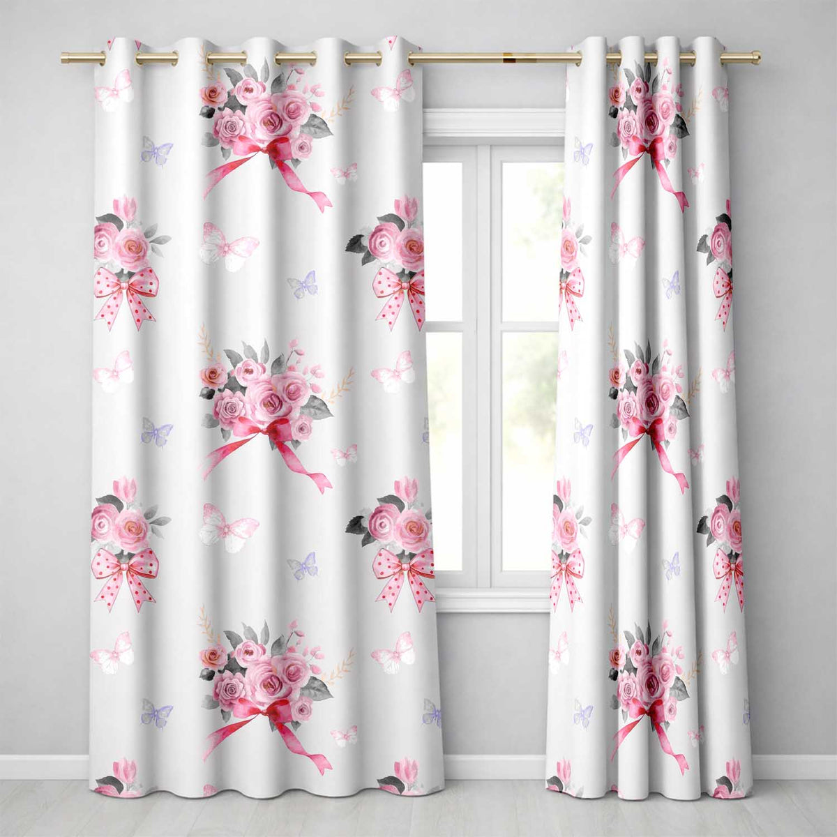 Cute Watercolor Roses Bouquet with Red Ribbon Grey Background Readymade Eyelet Ring Top Thermal 100% Blackout Curtains