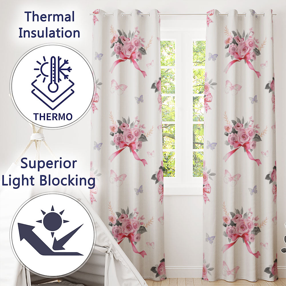 Cute Watercolor Roses Bouquet with Red Ribbon White Background Readymade Eyelet Ring Top Thermal 100% Blackout Curtains