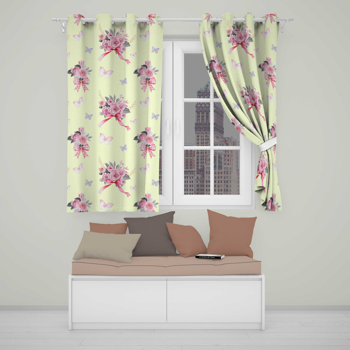 Cute Watercolor Roses Bouquet with Red Ribbon Light Beige Background Readymade Eyelet Ring Top Thermal 100% Blackout Curtains
