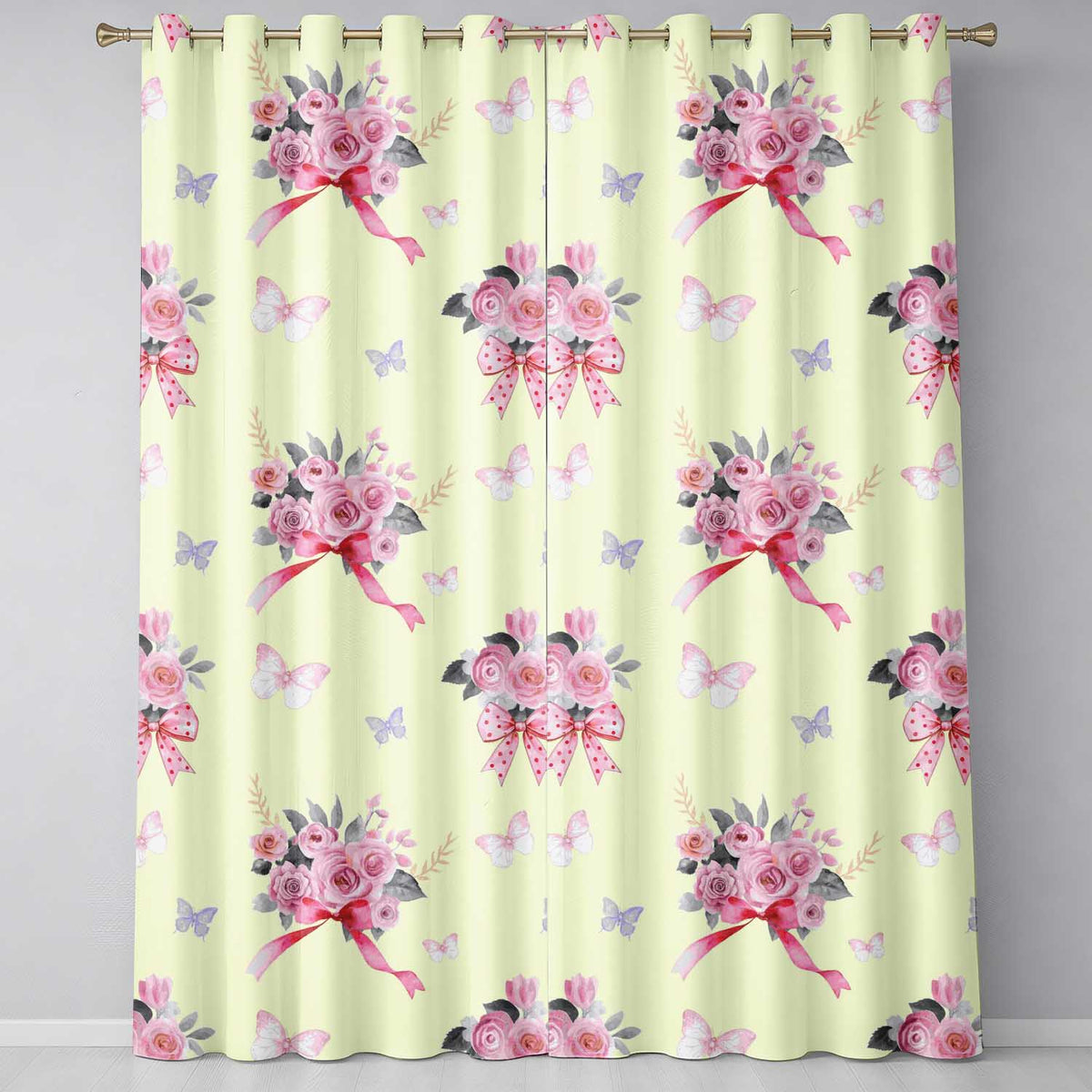 Cute Watercolor Roses Bouquet with Red Ribbon Light Beige Background Readymade Eyelet Ring Top Thermal 100% Blackout Curtains