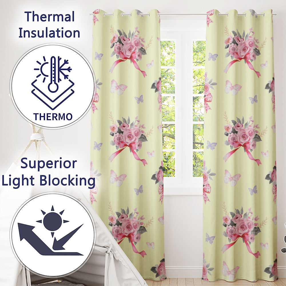 Cute Watercolor Roses Bouquet with Red Ribbon Light Beige Background Readymade Eyelet Ring Top Thermal 100% Blackout Curtains