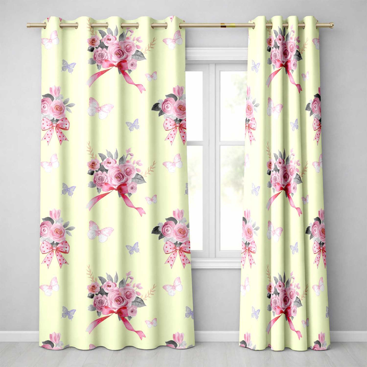 Cute Watercolor Roses Bouquet with Red Ribbon Light Beige Background Readymade Eyelet Ring Top Thermal 100% Blackout Curtains