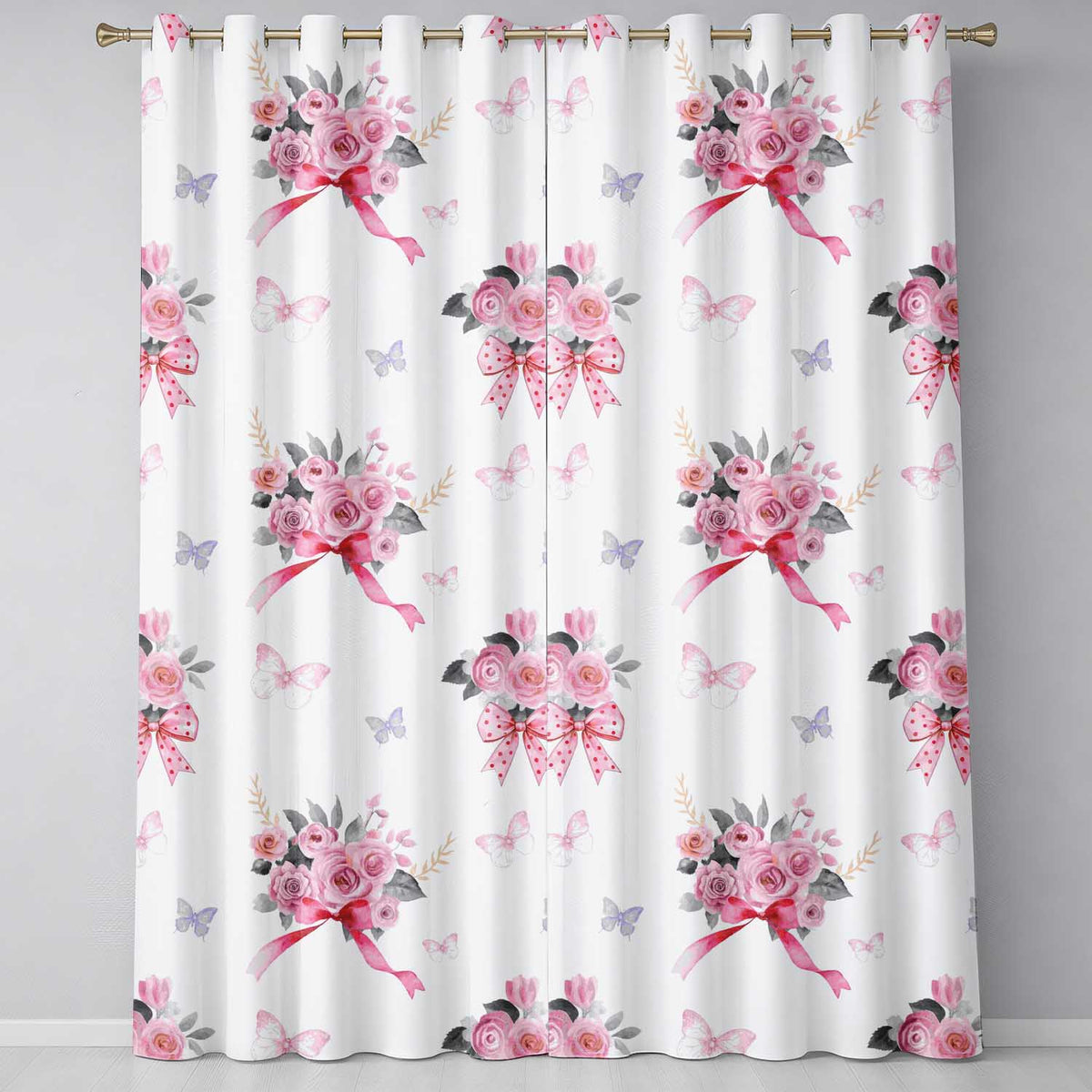 Cute Watercolor Roses Bouquet with Red Ribbon Cream Background Readymade Eyelet Ring Top Thermal 100% Blackout Curtains