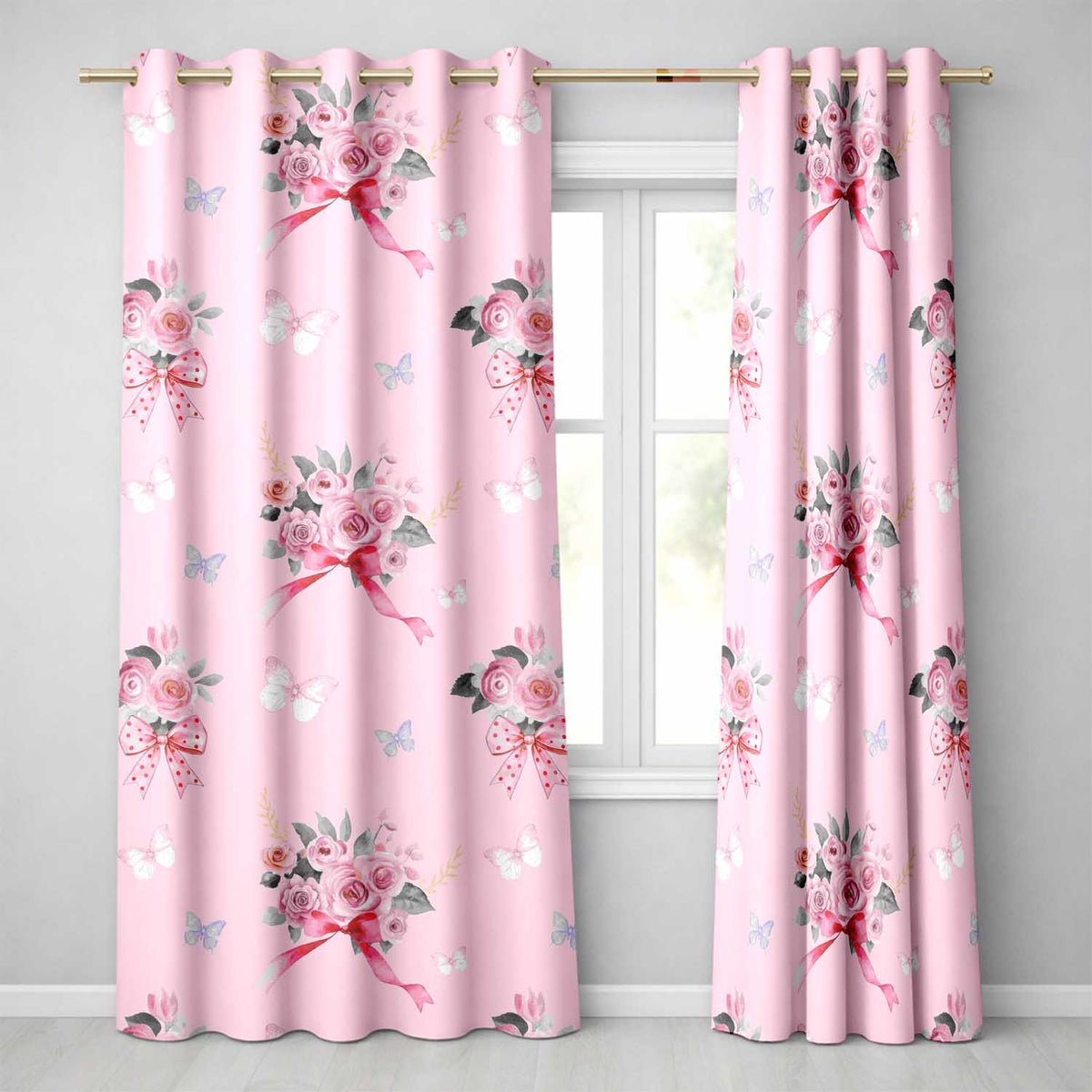 Cute Watercolor Roses Bouquet with Red Ribbon Pink Background Readymade Eyelet Ring Top Thermal 100% Blackout Curtains