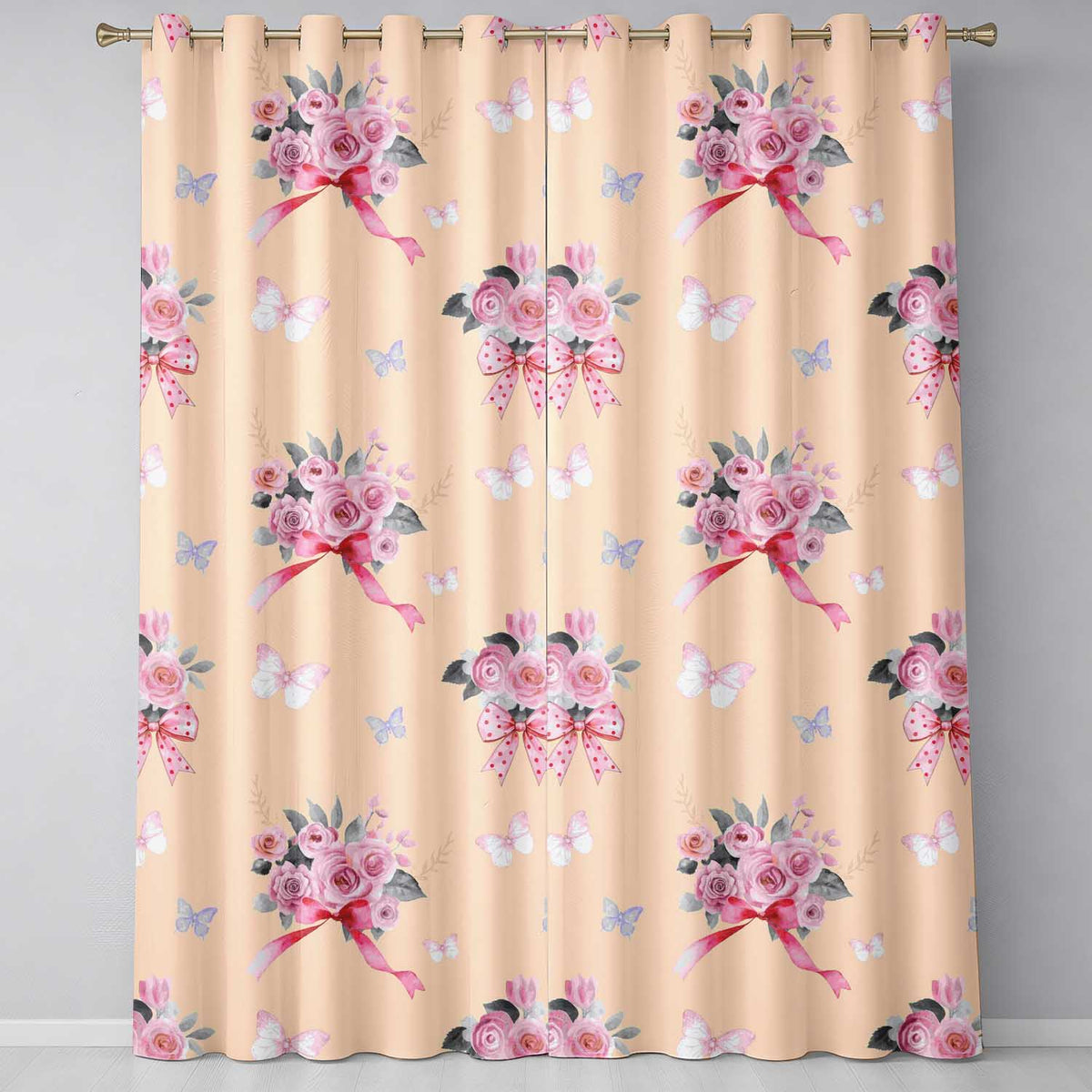 Cute Watercolor Roses Bouquet with Red Ribbon Peach Background Readymade Eyelet Ring Top Thermal 100% Blackout Curtains
