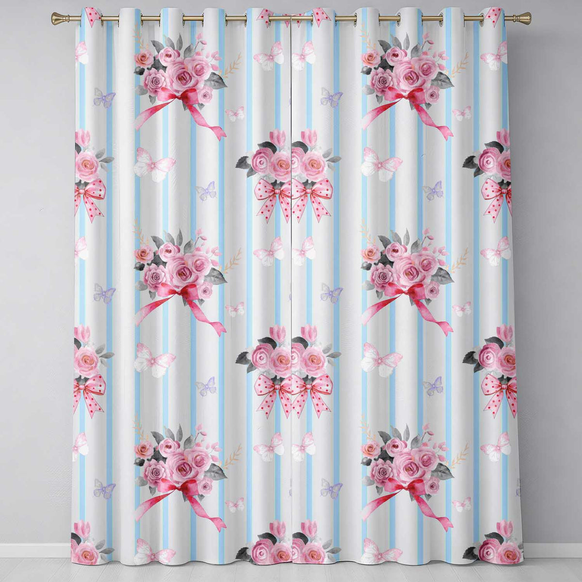 Cute Watercolor Roses Bouquet with Red Ribbon Soft Blue Stripe Background Readymade Eyelet Ring Top Thermal 100% Blackout Curtains