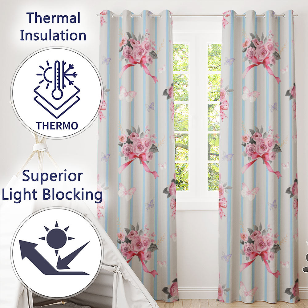 Cute Watercolor Roses Bouquet with Red Ribbon Soft Blue Stripe Background Readymade Eyelet Ring Top Thermal 100% Blackout Curtains