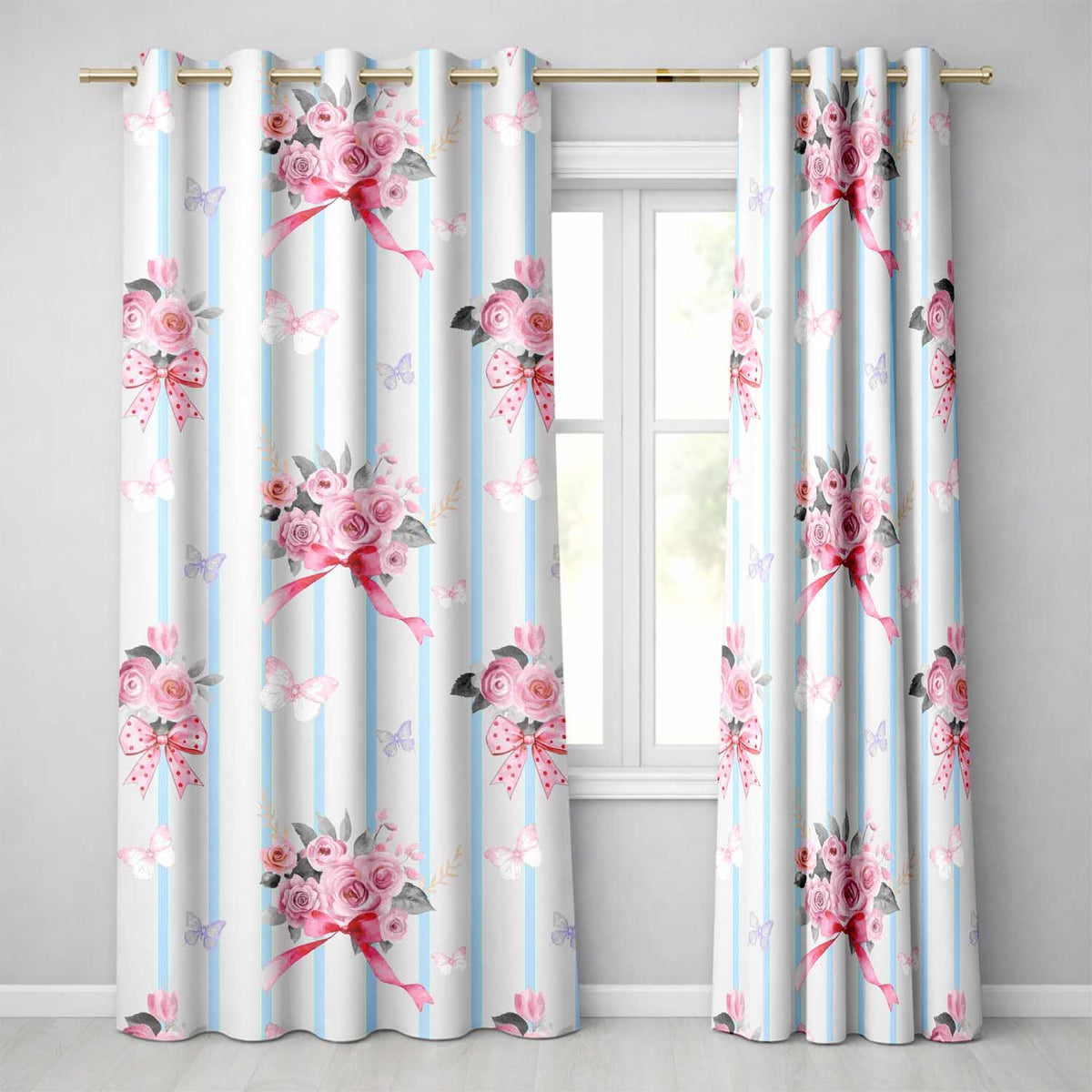 Cute Watercolor Roses Bouquet with Red Ribbon Soft Blue Stripe Background Readymade Eyelet Ring Top Thermal 100% Blackout Curtains