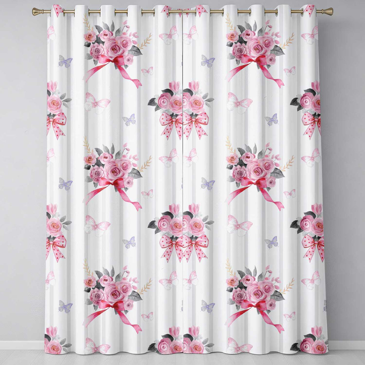 Cute Watercolor Roses Bouquet with Red Ribbon Grey Stripe Background Readymade Eyelet Ring Top Thermal 100% Blackout Curtains