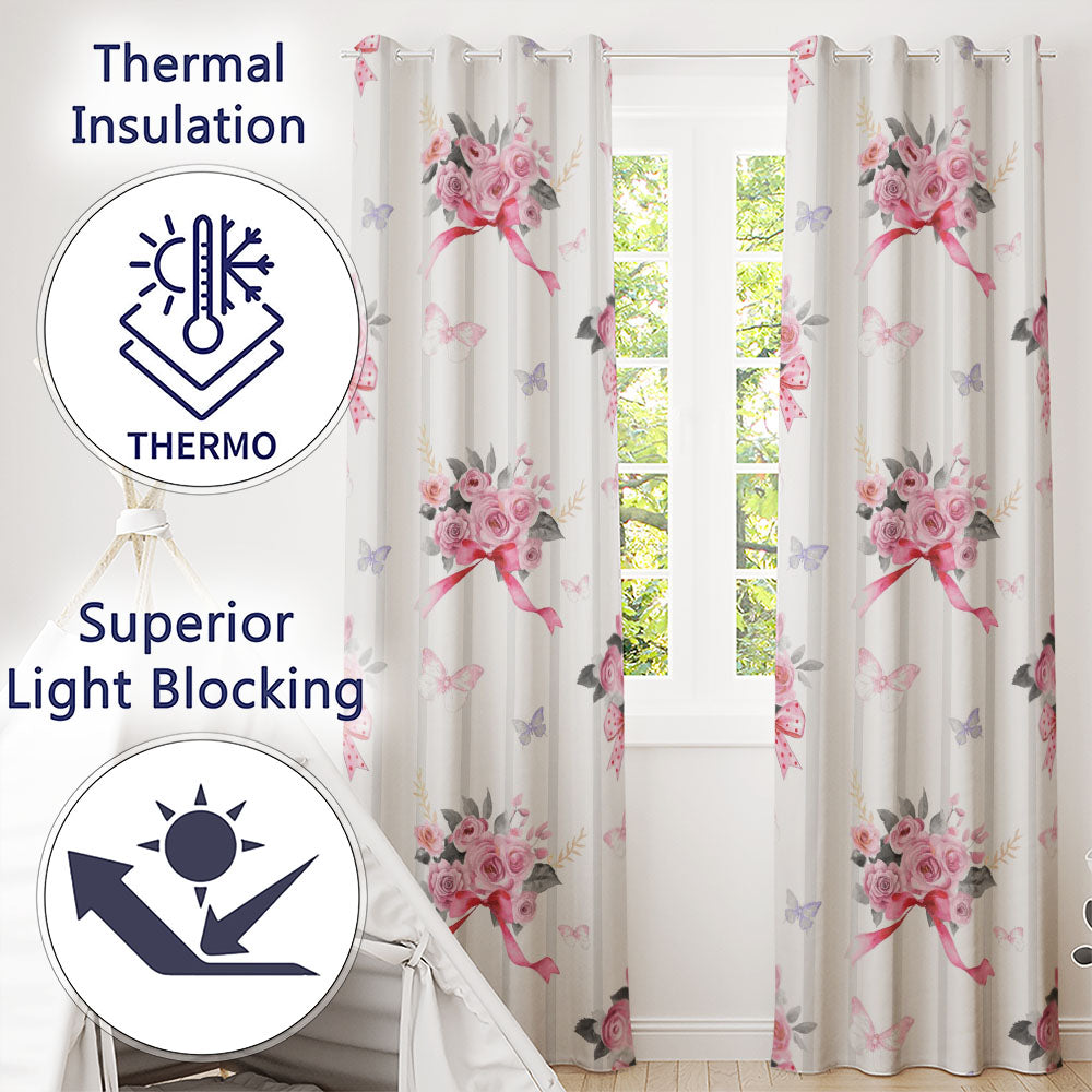 Cute Watercolor Roses Bouquet with Red Ribbon Grey Stripe Background Readymade Eyelet Ring Top Thermal 100% Blackout Curtains