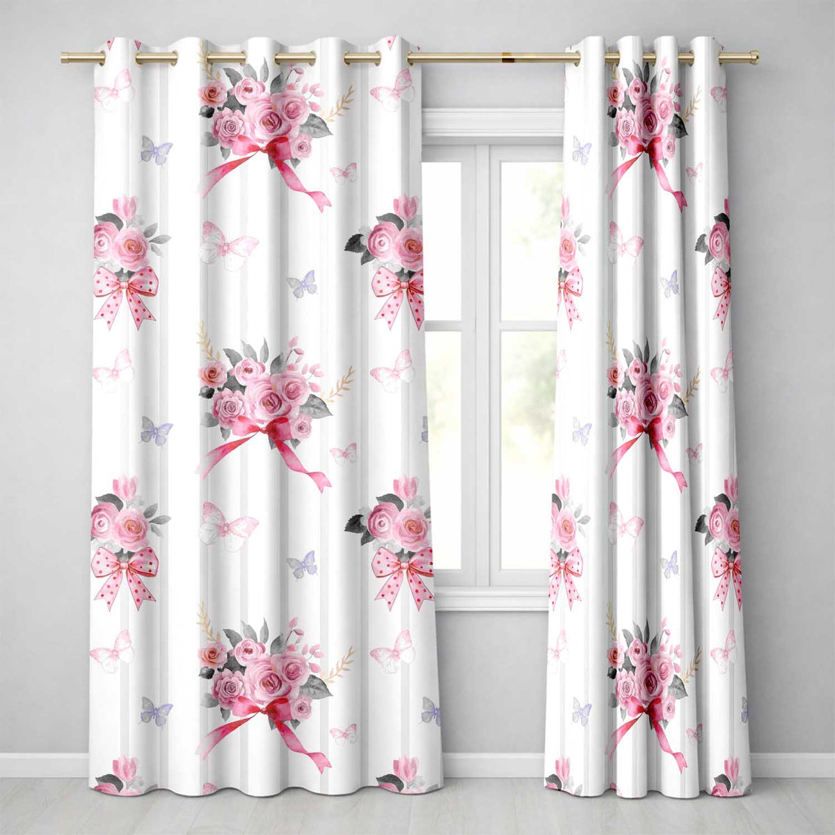 Cute Watercolor Roses Bouquet with Red Ribbon Grey Stripe Background Readymade Eyelet Ring Top Thermal 100% Blackout Curtains