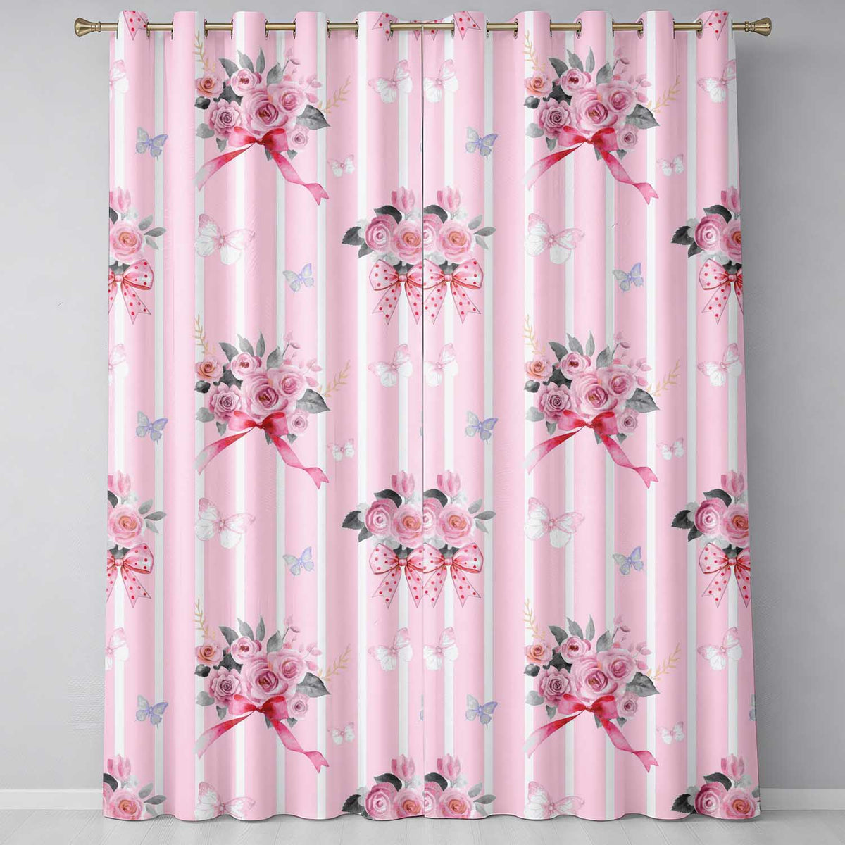Cute Watercolor Roses Bouquet with Red Ribbon White Stripe on Pink Background Readymade Eyelet Ring Top Thermal 100% Blackout Curtains